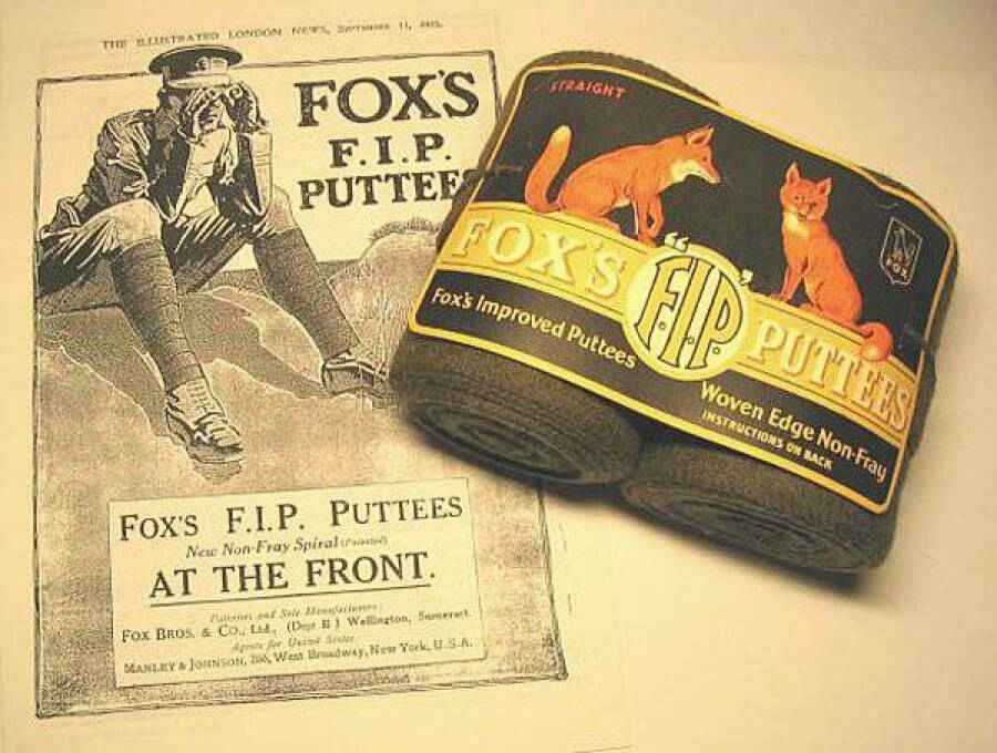 1915 advertisement for Fox military puttees used by British soldiers during World War I