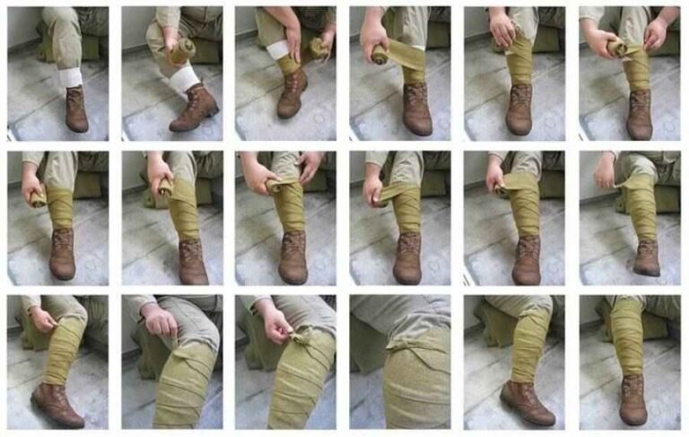 Step-by-step guide showing how to wrap military puttees around ankle boots