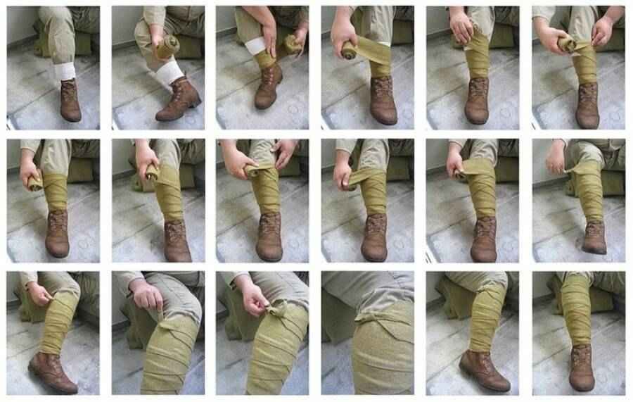 Step-by-step guide showing how to wrap military puttees around ankle boots