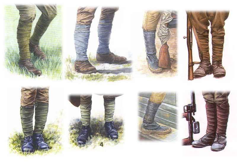 Examples of military puttees worn by soldiers from different armies during the late 19th and early 20th centuries