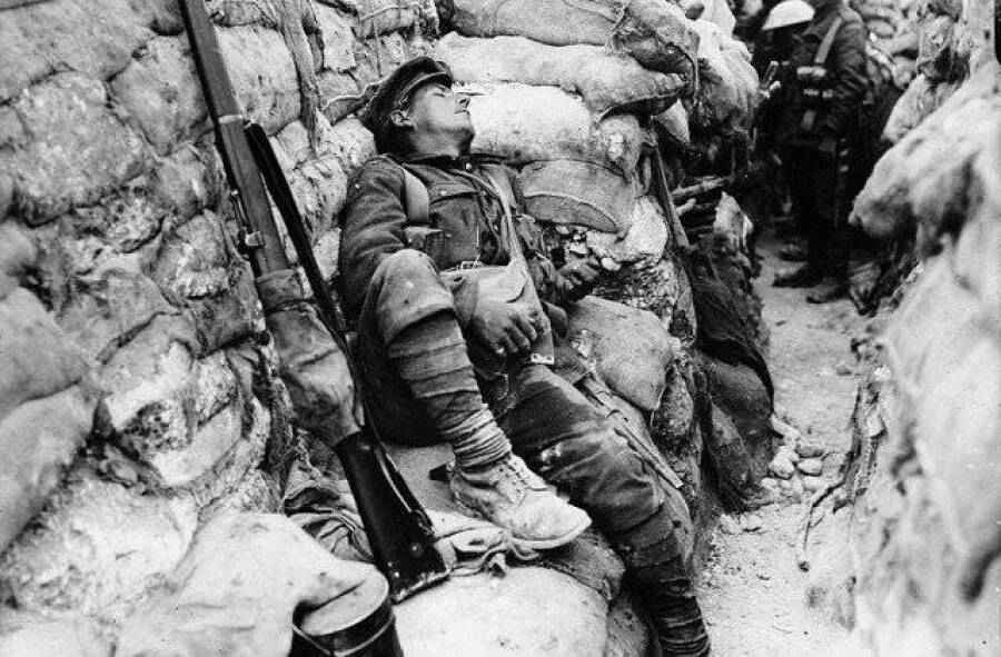 World War I soldier wearing puttees while resting in a trench