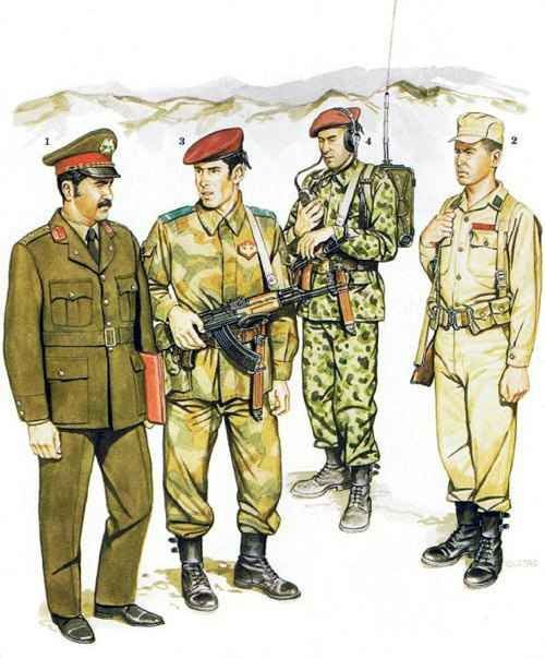 Illustration of Democratic Republic of Afghanistan Army uniforms, including an Afghan Army major, infantry soldiers in summer and winter uniforms, and camouflage field gear during the Soviet-Afghan War.