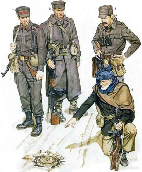 Illustration of Afghan Tsarandoy special forces, commandos, militia fighter, and infantry officer with Soviet weapons and uniforms during the Soviet-Afghan War.