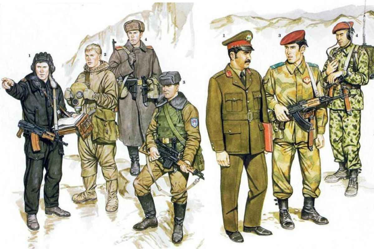 Preview illustration of Soviet Afghan War uniforms featuring Soviet Army, VDV, Spetsnaz, Tsarandoy, Afghan Commandos, and DRA Army soldiers from 1979–1989.