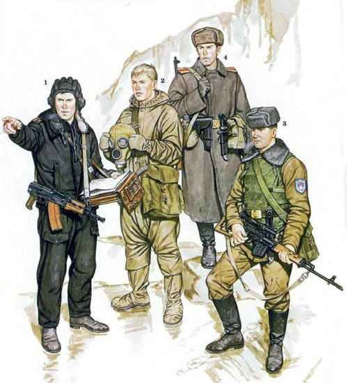 Illustration of Soviet Army troops in Afghanistan, including Motor Rifle infantry, tank crew, combat engineer, military driver, and Border Guard with AK rifles and Soviet uniforms.