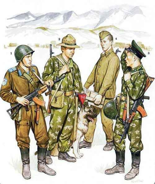Illustration of Soviet VDV paratroopers and Spetsnaz soldiers wearing Afghanistan War uniforms between 1979 and 1989, including telnyashka shirts, kirza boots, AKS-74 rifles, and Soviet field equipment.