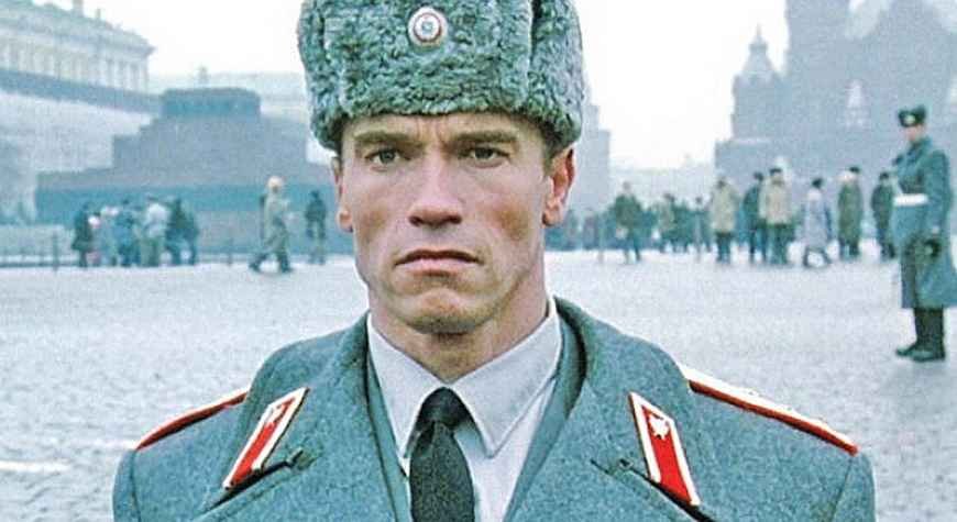 Arnold Schwarzenegger wearing a Soviet ushanka in Red Heat