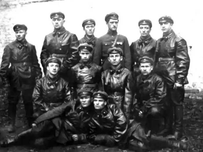 Group of early Soviet Cheka officers wearing leather jackets