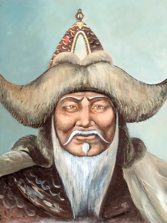 Genghis Khan portrait wearing a Mongol malakhai fur hat