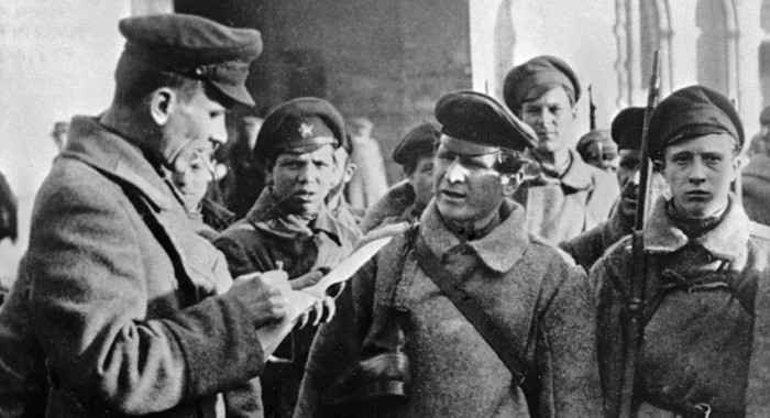 Early Red Army soldiers wearing former Imperial Russian uniforms