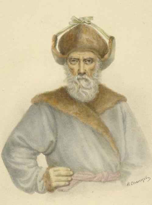 Russian merchant wearing a treukh fur hat in the 19th century
