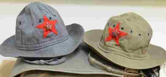 Soviet Army Panama hats and subtropical helmets with red star badges