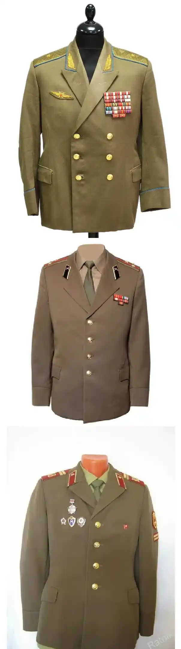 Soviet M69 uniforms for a general, officer and sergeant