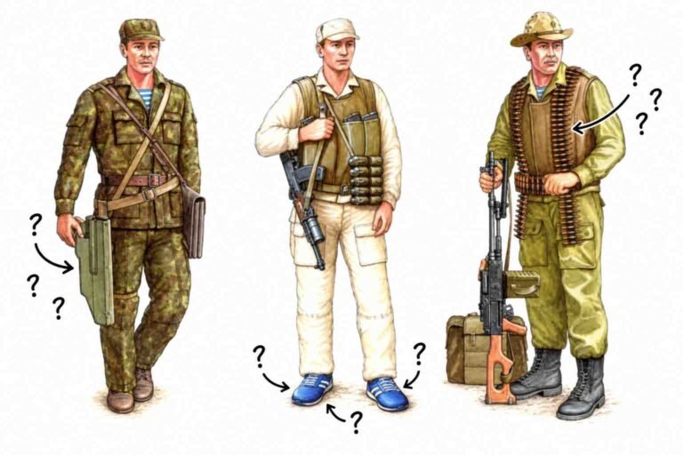 Illustrations of three Soviet soldiers, with arrows and question marks highlighting an AK carrying case, blue sneakers and a brown vest.